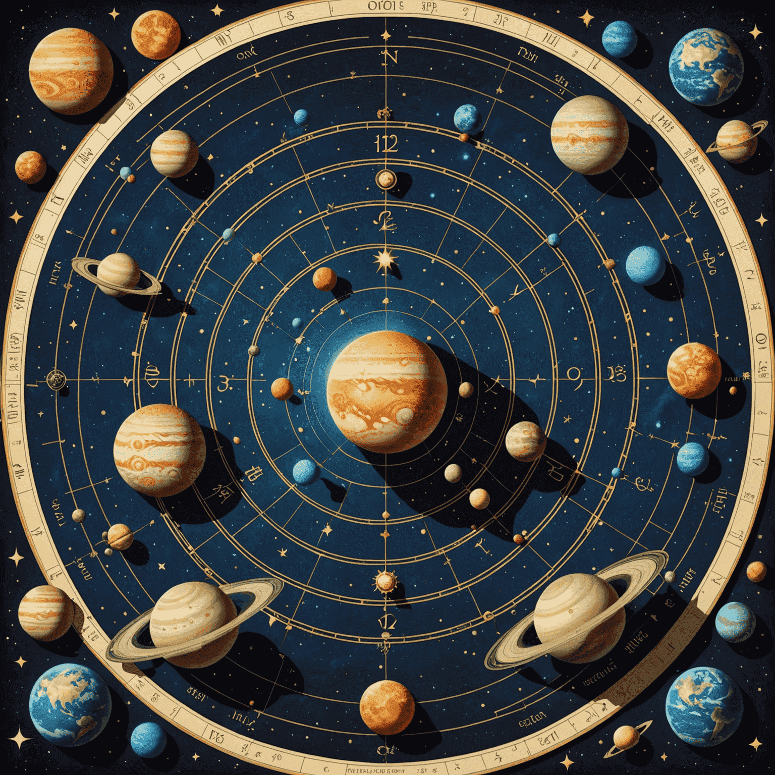 Obraz przedstawiający układ planet w horoskopie, z orbitami i symbolami astrologicznymi